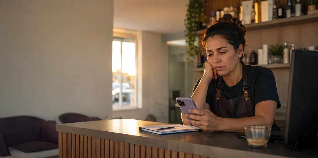 Dona de negócio local à noite, ainda no celular depois de um dia longo