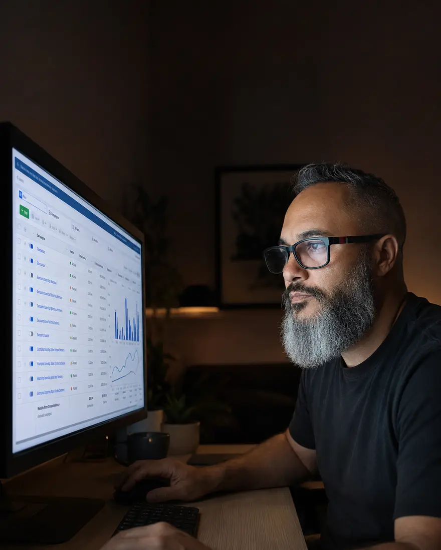 Fabio Rodrigues à noite, analisando campanhas no Gerenciador de Anúncios